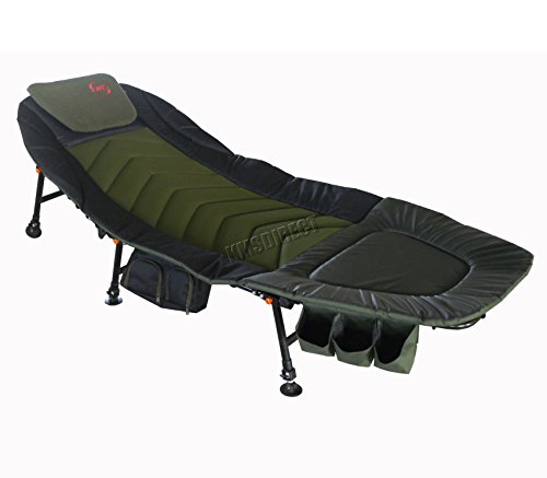 Buy Outdoor Portable Fishing Bed Chair Bedchair Camping Heavy Duty 6  Adjustable Legs with Side Tool Bag Detachable Pillow Dark Green Online