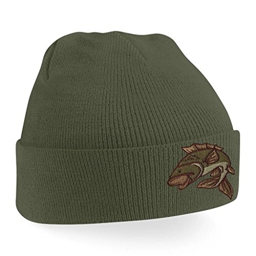 Bang Tidy Clothing Carp Fishing Angling Hobbie Winter Fathers Day Embroidered Beanie Hat Logo Men's - Olive - Image 3